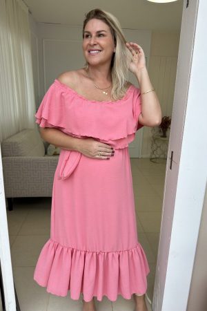Vestido Gestante Midi Ombro a Ombro Veneza Rosa