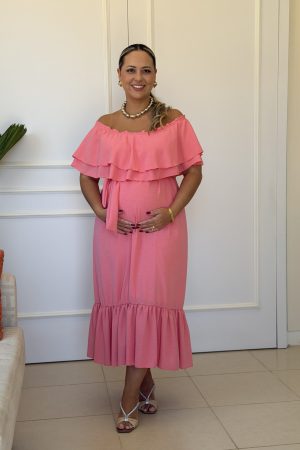 Vestido Gestante Midi Ombro a Ombro Veneza Rosa