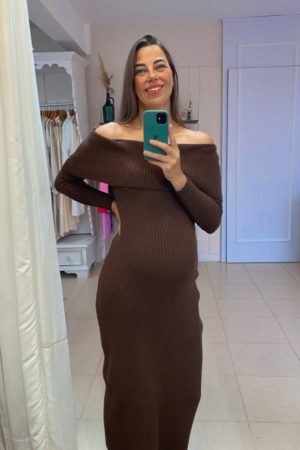 Vestido Gestante Midi Tricô Nanci Marrom