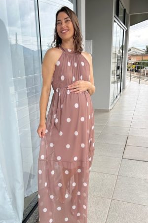 Vestido Gestante Longo Tule Poá Marrom