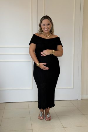 Vestido Gestante Midi Tricô Ombro a Ombro Grazi Preto